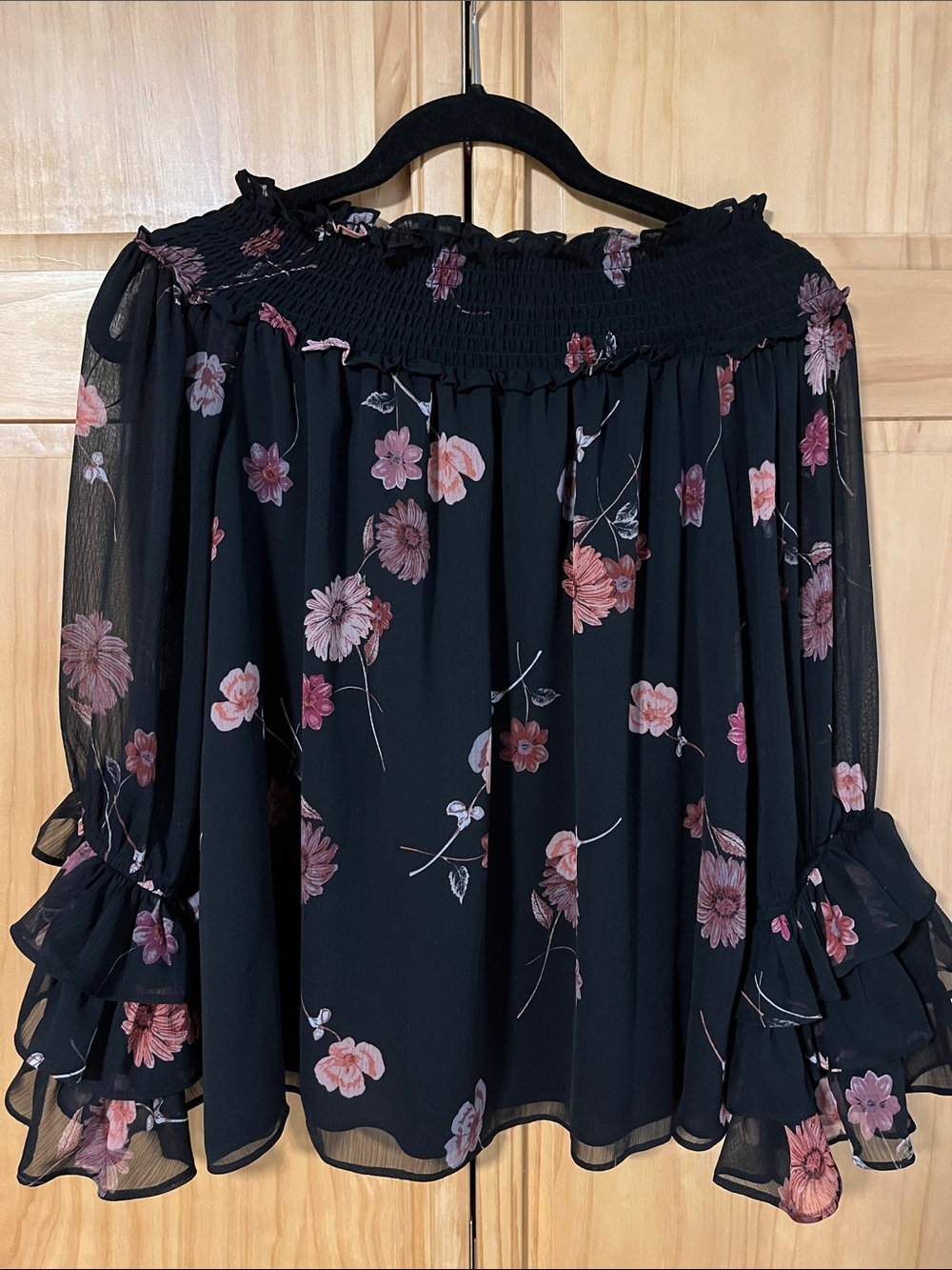 CeCe Black Floral Smocked-Neck Blouse with Pink Flowers - Picture 3 of 6